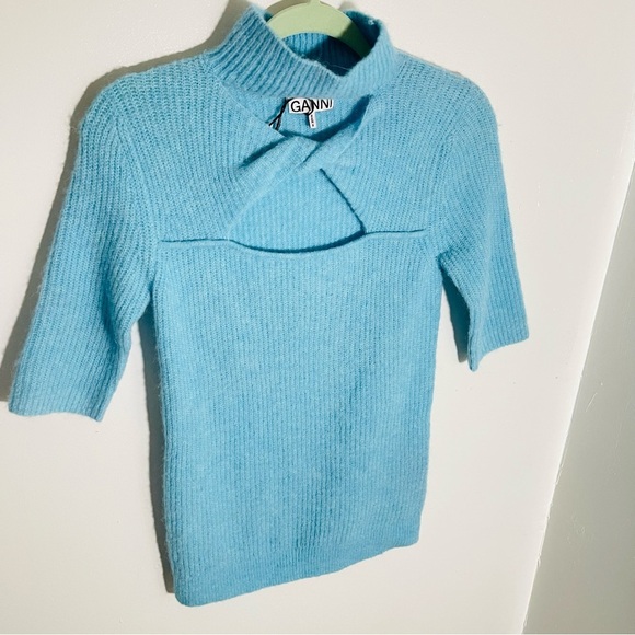 NEW Ganni Alpaca Merino Wool Blend Twist Turtleneck Sweater Bachelor Blue Preppy - Picture 7 of 10